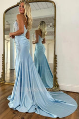 Exquisite Long Blue Mermaid Glitter Strapless Corset Prom Dress with Slit