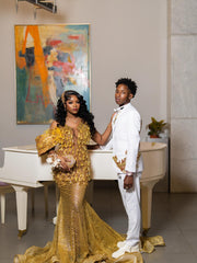 Exquisite Long Gold Sequin Prom Dress V-Neck Mermaid Formal Gown with Crystals