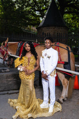 Exquisite Long Gold Sequin Prom Dress V-Neck Mermaid Formal Gown with Crystals