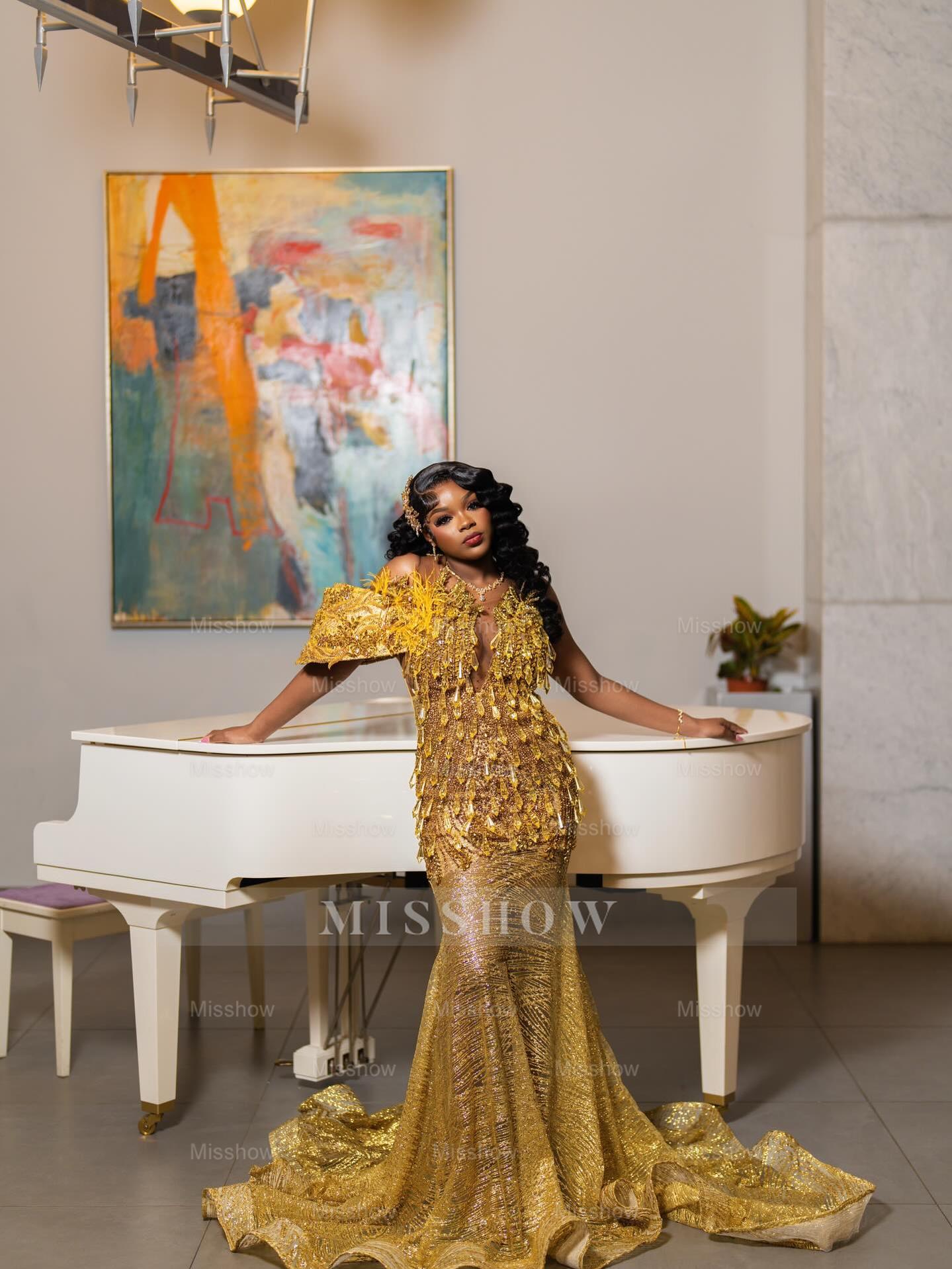 Gold v-neck rhinestone mermaid prom dress