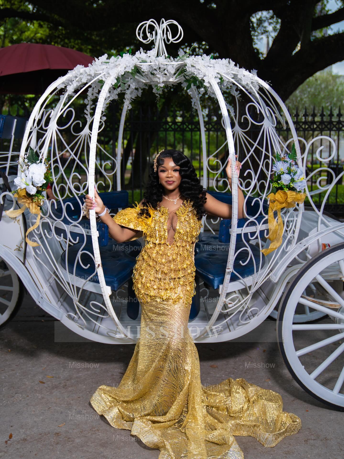Gold v-neck rhinestone mermaid prom dress