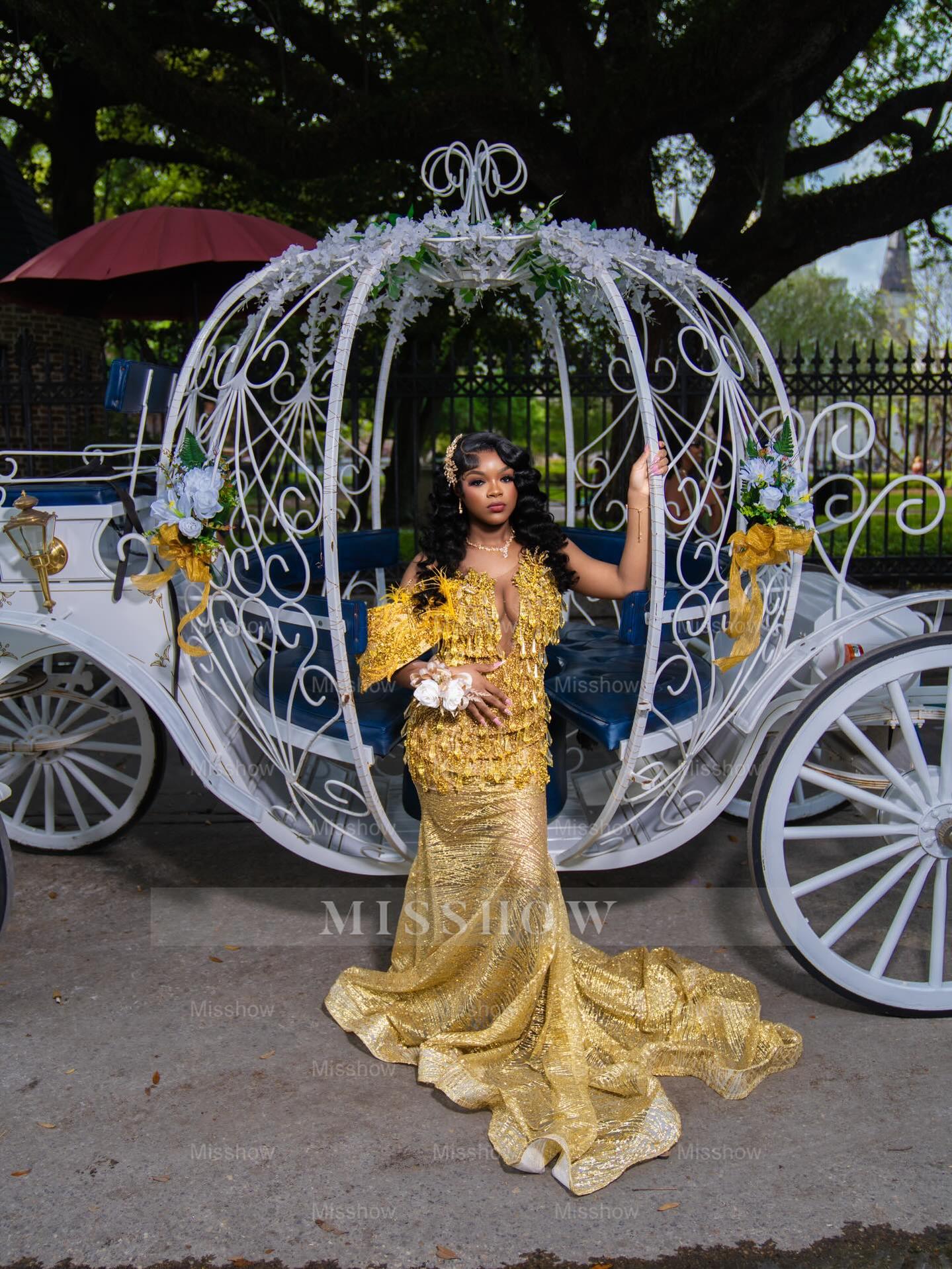 Gold v-neck rhinestone mermaid prom dress