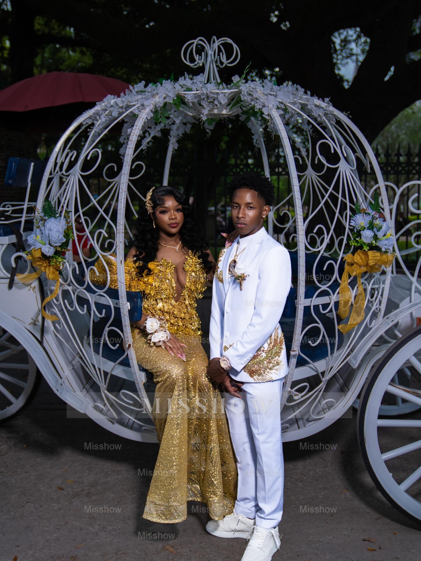 Gold v-neck rhinestone mermaid prom dress