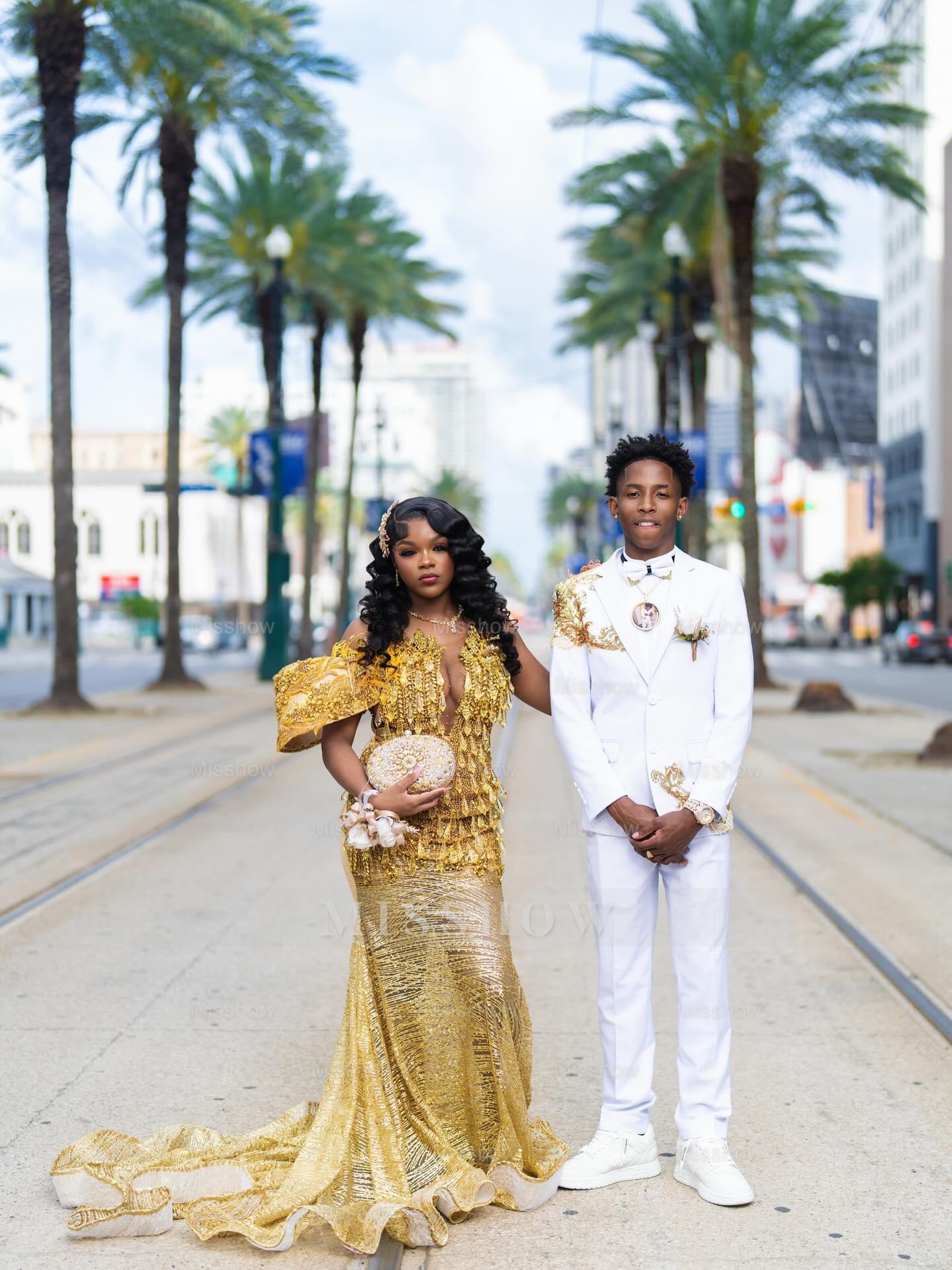 Gold v-neck rhinestone mermaid prom dress