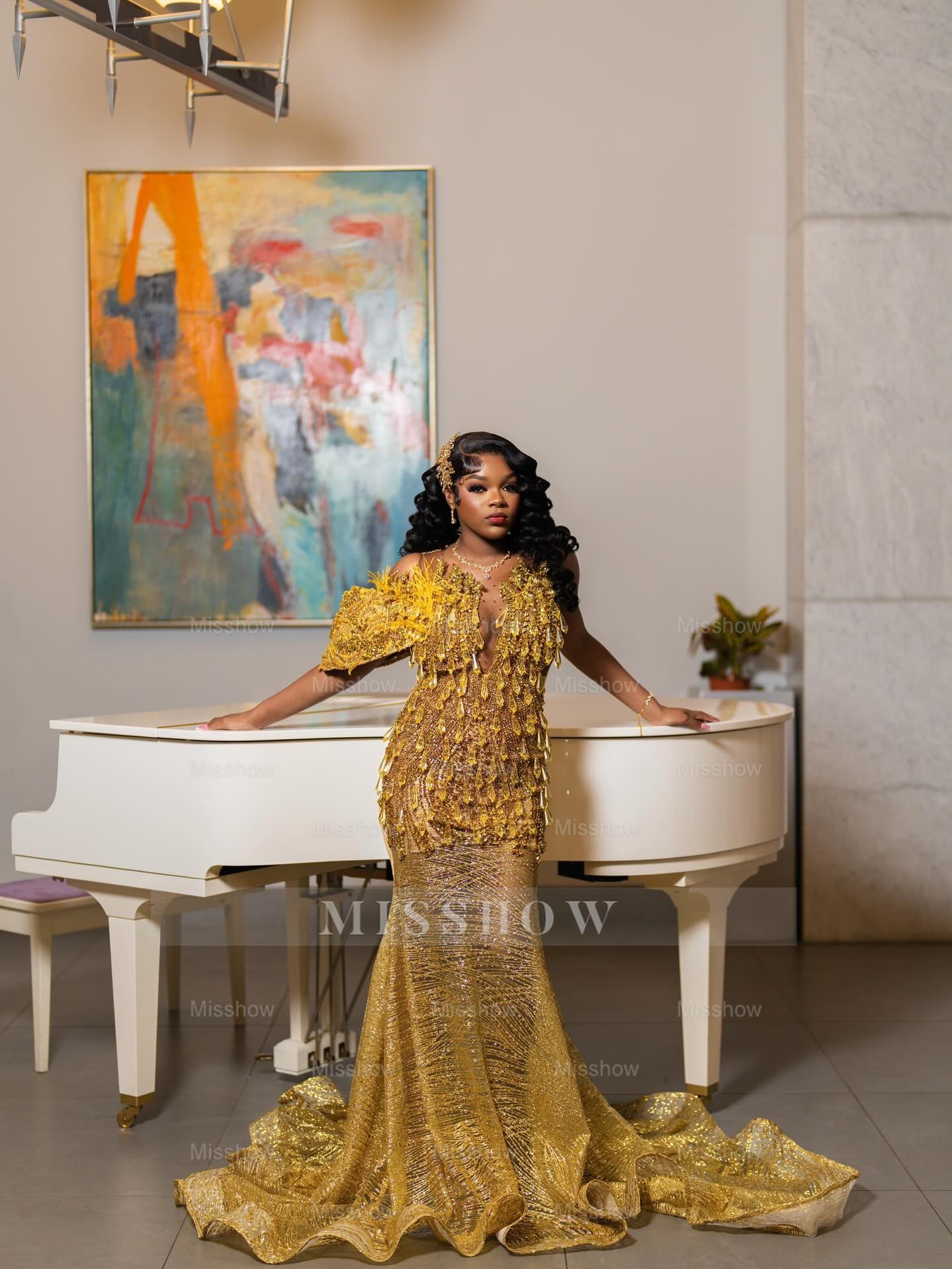 Gold v-neck rhinestone mermaid prom dress