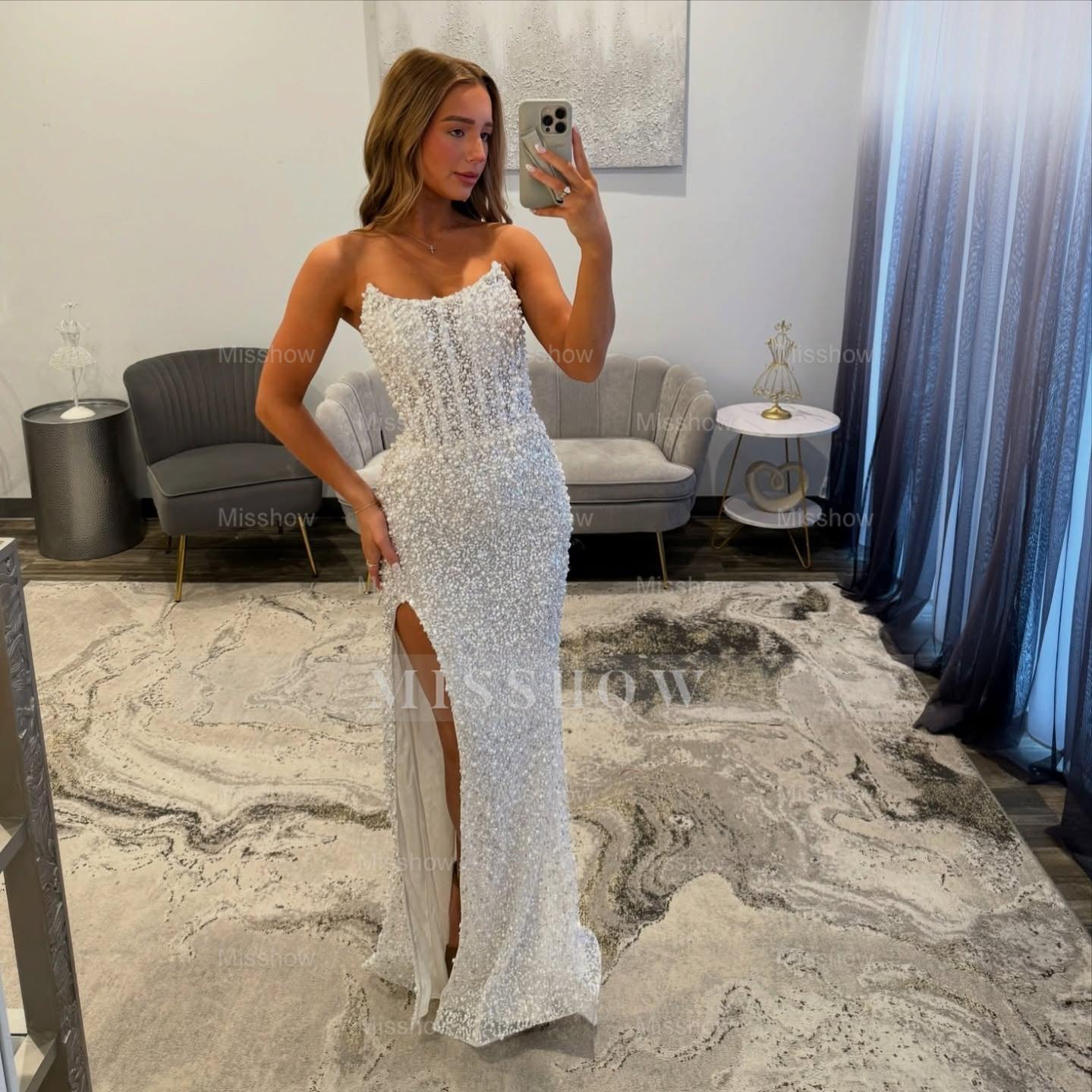 Ivory strapless split-front mermaid prom dress