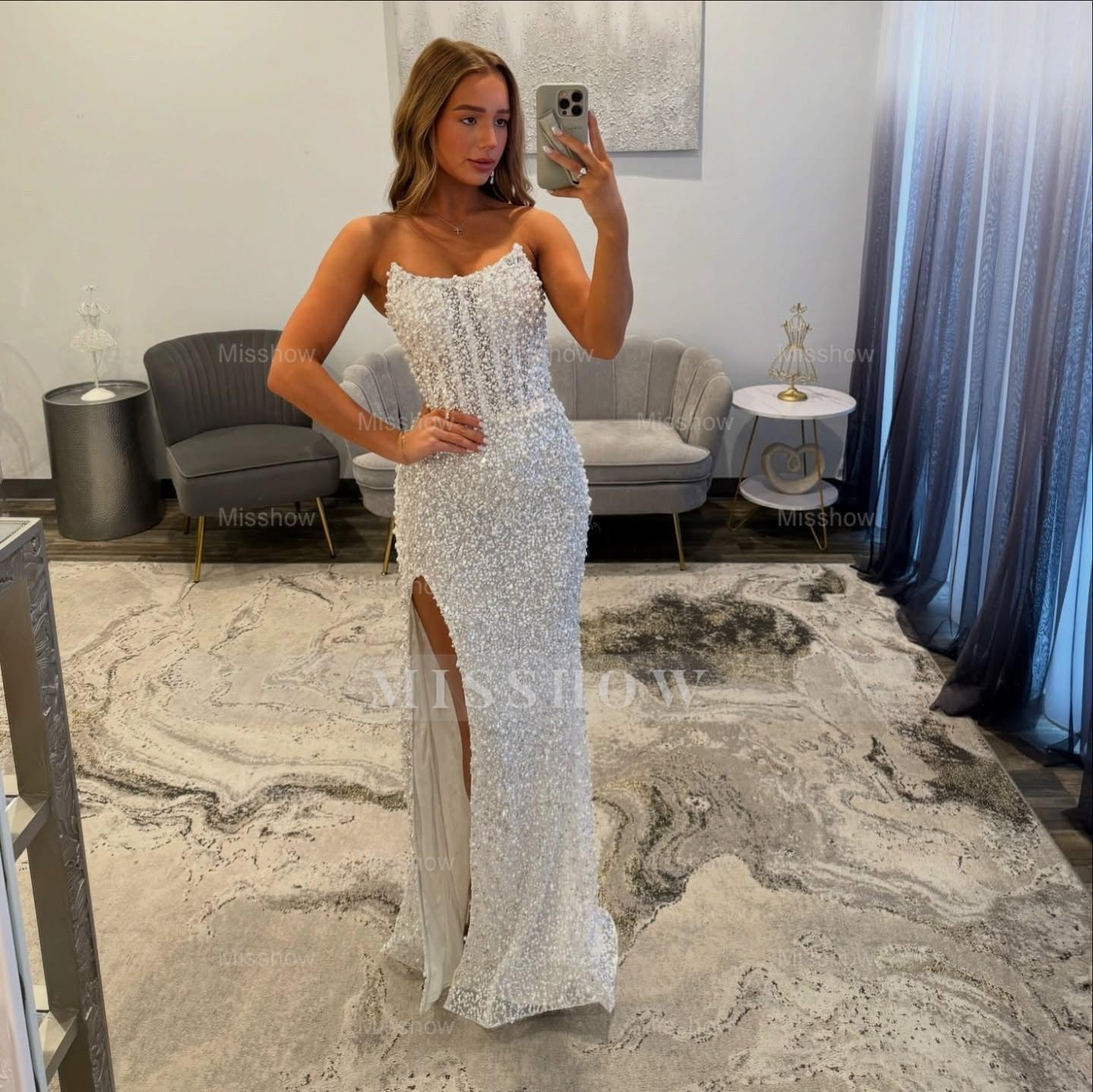 Ivory strapless split-front mermaid prom dress