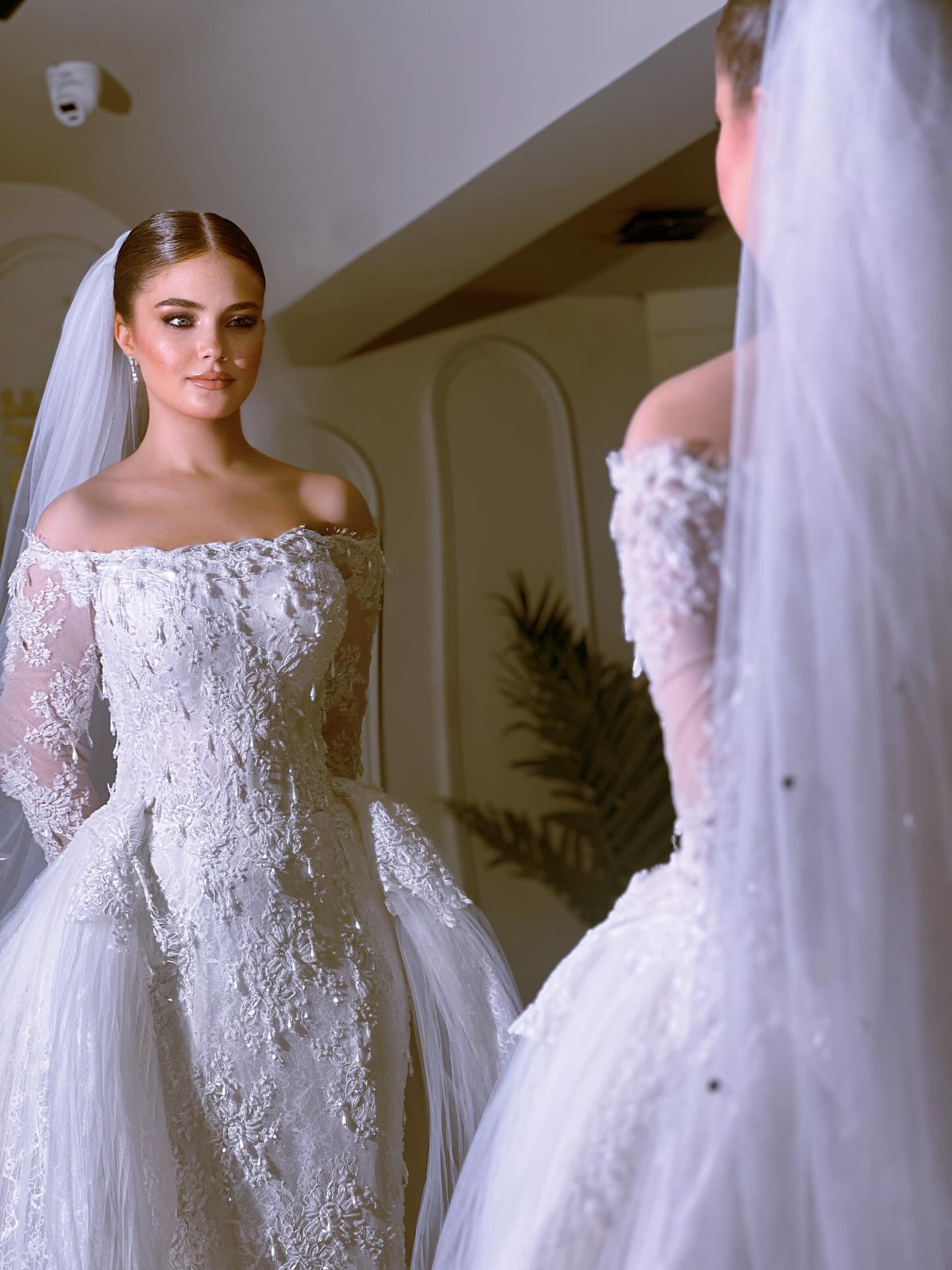 Exquisite Long White Mermaid Off-the-shoulder Beaded Lace Wedding Dress with Detachable Train