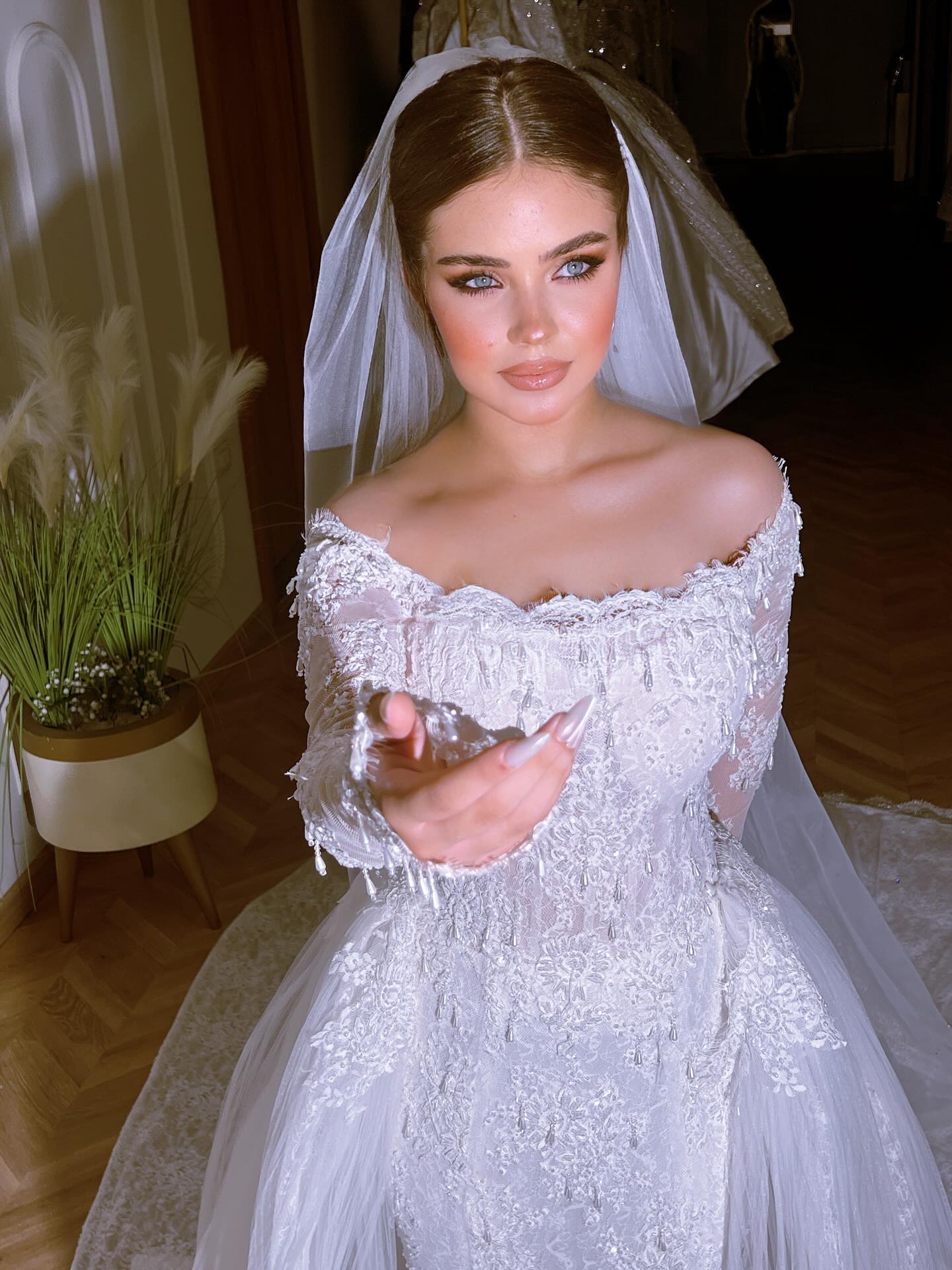 Exquisite Long White Mermaid Off-the-shoulder Beaded Lace Wedding Dress with Detachable Train