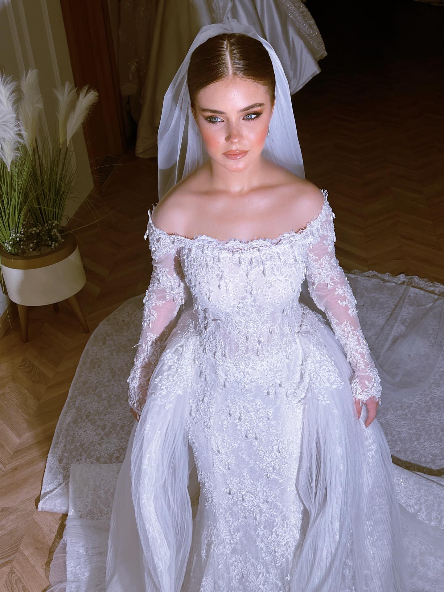 Exquisite Long White Mermaid Off-the-shoulder Beaded Lace Wedding Dress with Detachable Train