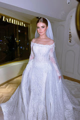 Exquisite Long White Mermaid Off-the-shoulder Beaded Lace Wedding Dress with Detachable Train