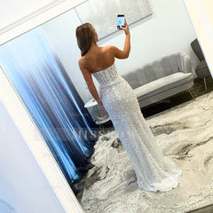 Exquisite Long White Mermaid Strapless Prom Dress with Beads and Pearls