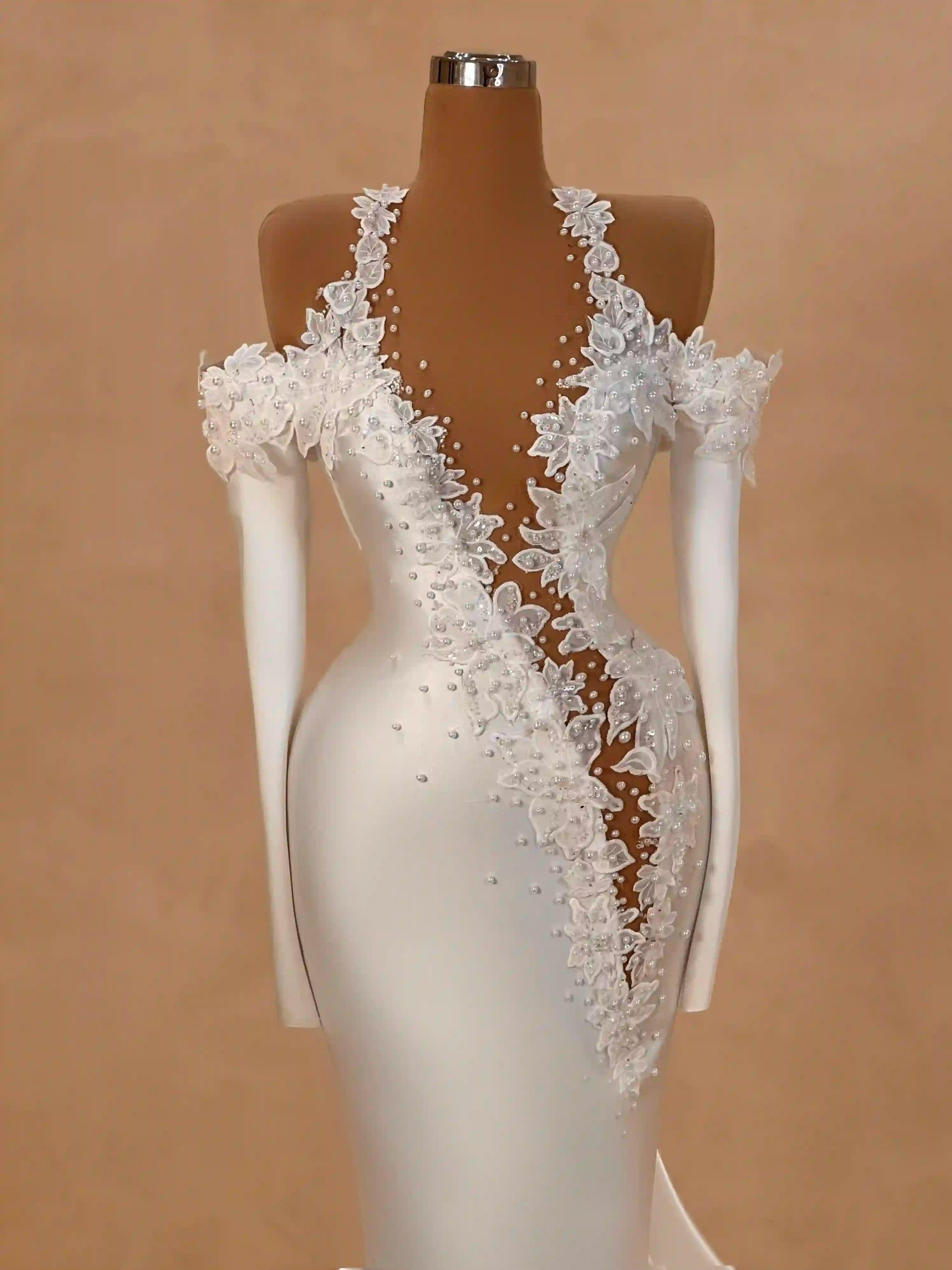 Exquisite Long White Mermaid Straps Satin Long Sleeves Wedding Dress with Pearls