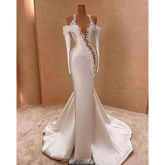 Exquisite Long White Mermaid Straps Satin Long Sleeves Wedding Dress with Pearls