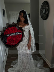 Exquisite Long White Off-the-shoulder Mermaid Sequined Lace Prom Dress with Beads and Veil