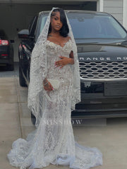 Exquisite Long White Off-the-shoulder Mermaid Sequined Lace Prom Dress with Beads and Veil