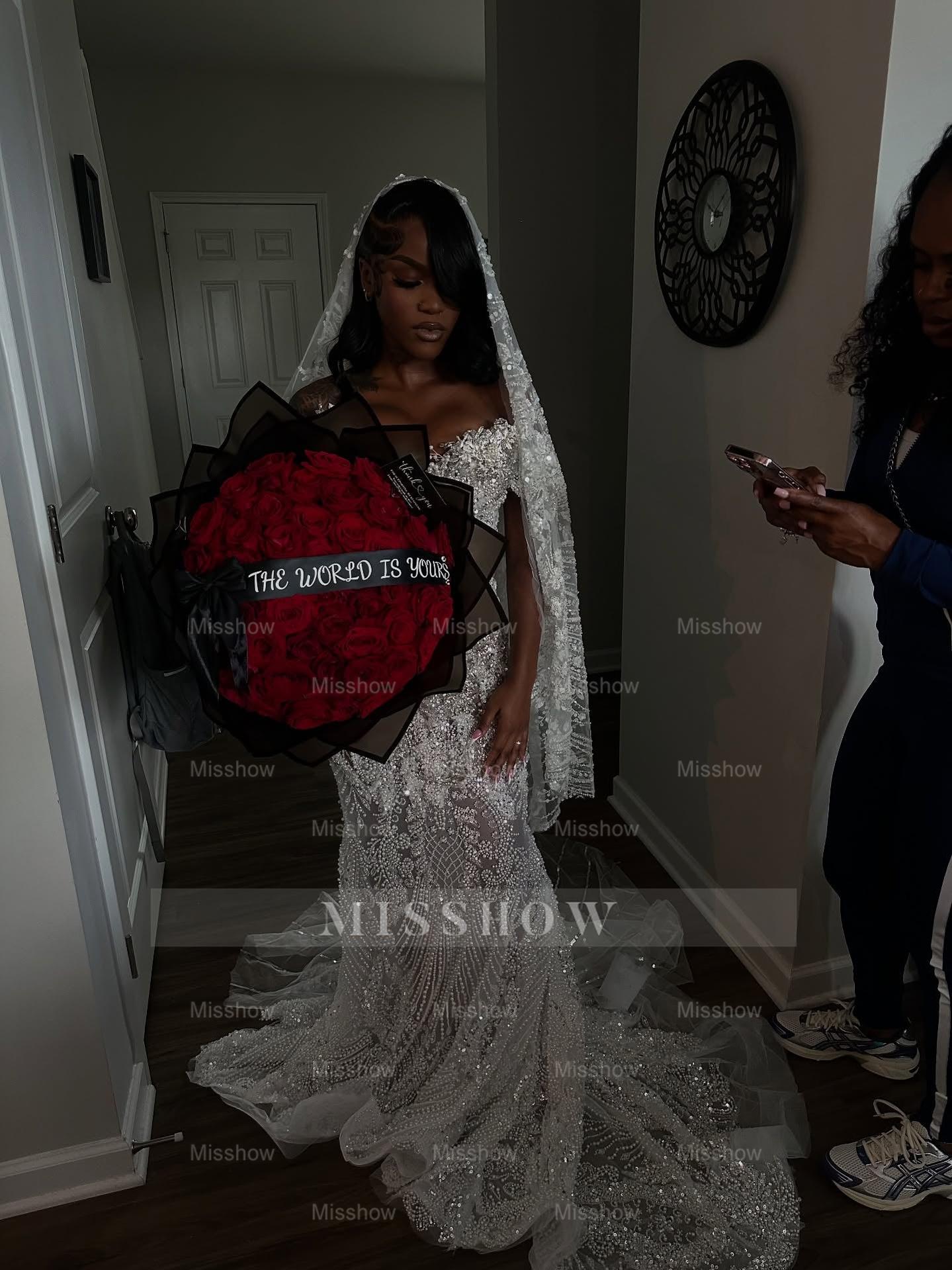 Exquisite Long White Off-the-shoulder Mermaid Sequined Lace Prom Dress with Beads and Veil