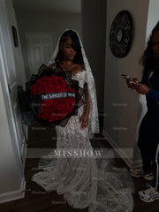 Exquisite Long White Off-the-shoulder Mermaid Sequined Lace Prom Dress with Beads and Veil