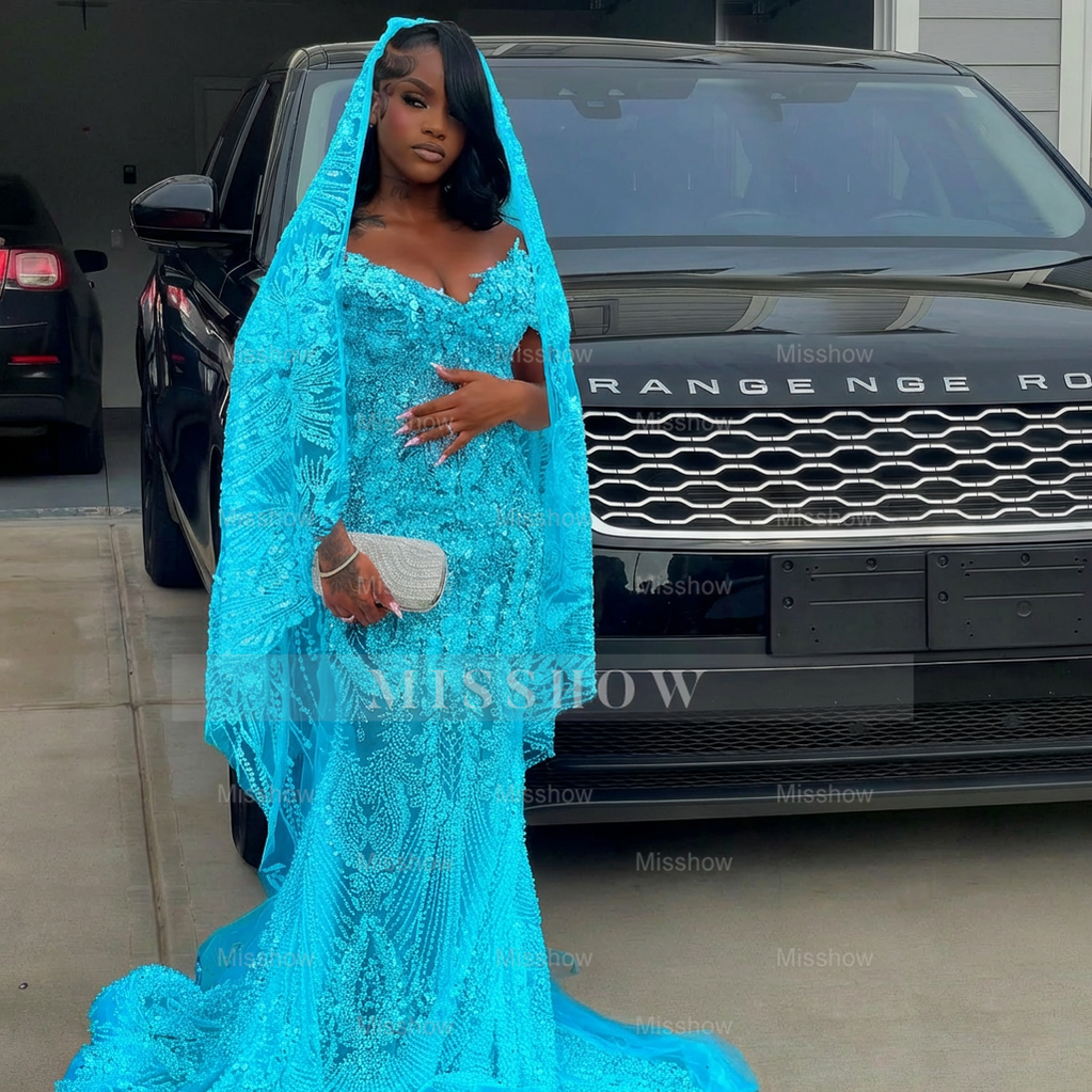 Exquisite Long White Off-the-shoulder Mermaid Sequined Lace Prom Dress with Beads and Veil
