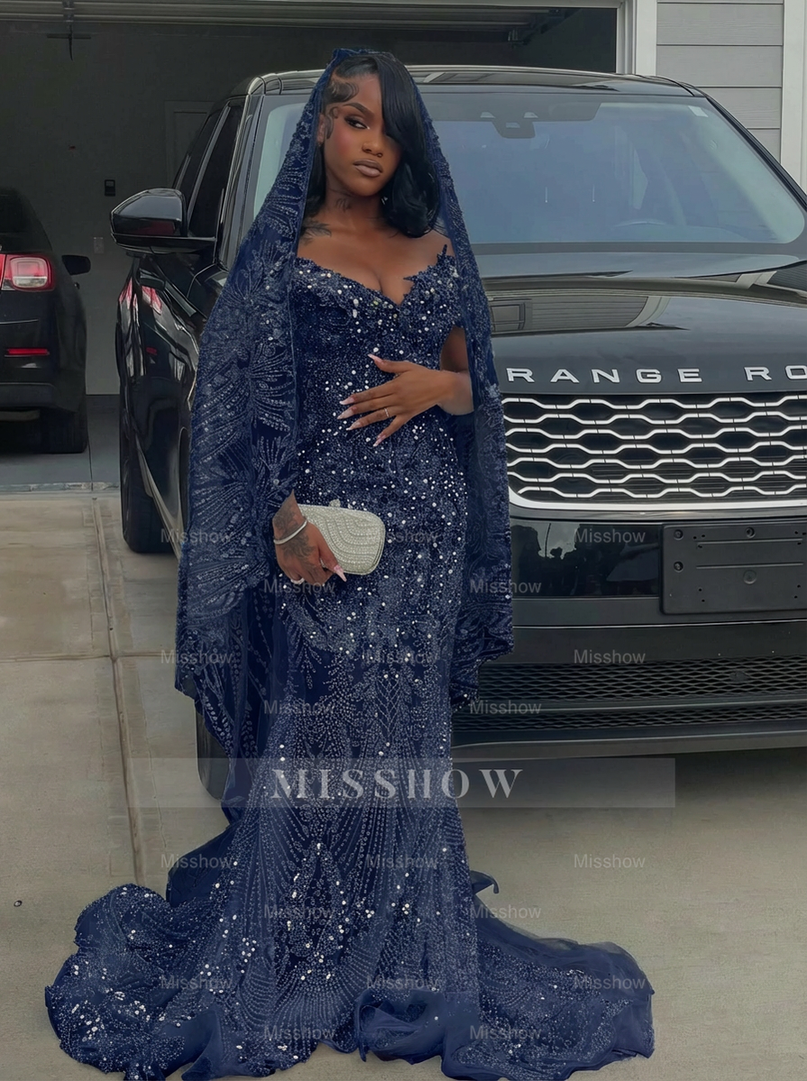 Exquisite Long White Off-the-shoulder Mermaid Sequined Lace Prom Dress with Beads and Veil