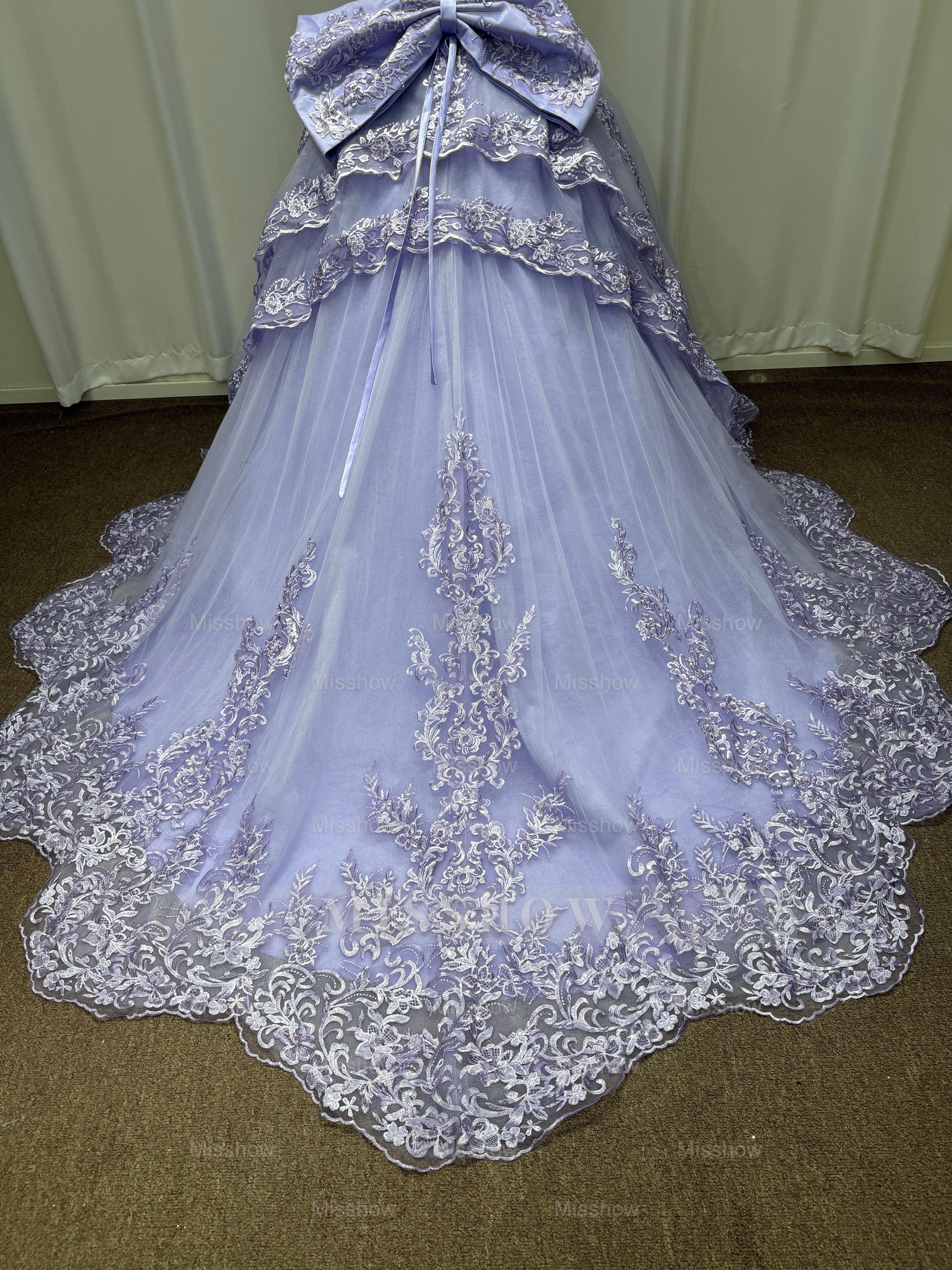 Exquisite Purple Strapless Lace Ball Gown Prom Dress with Appliques