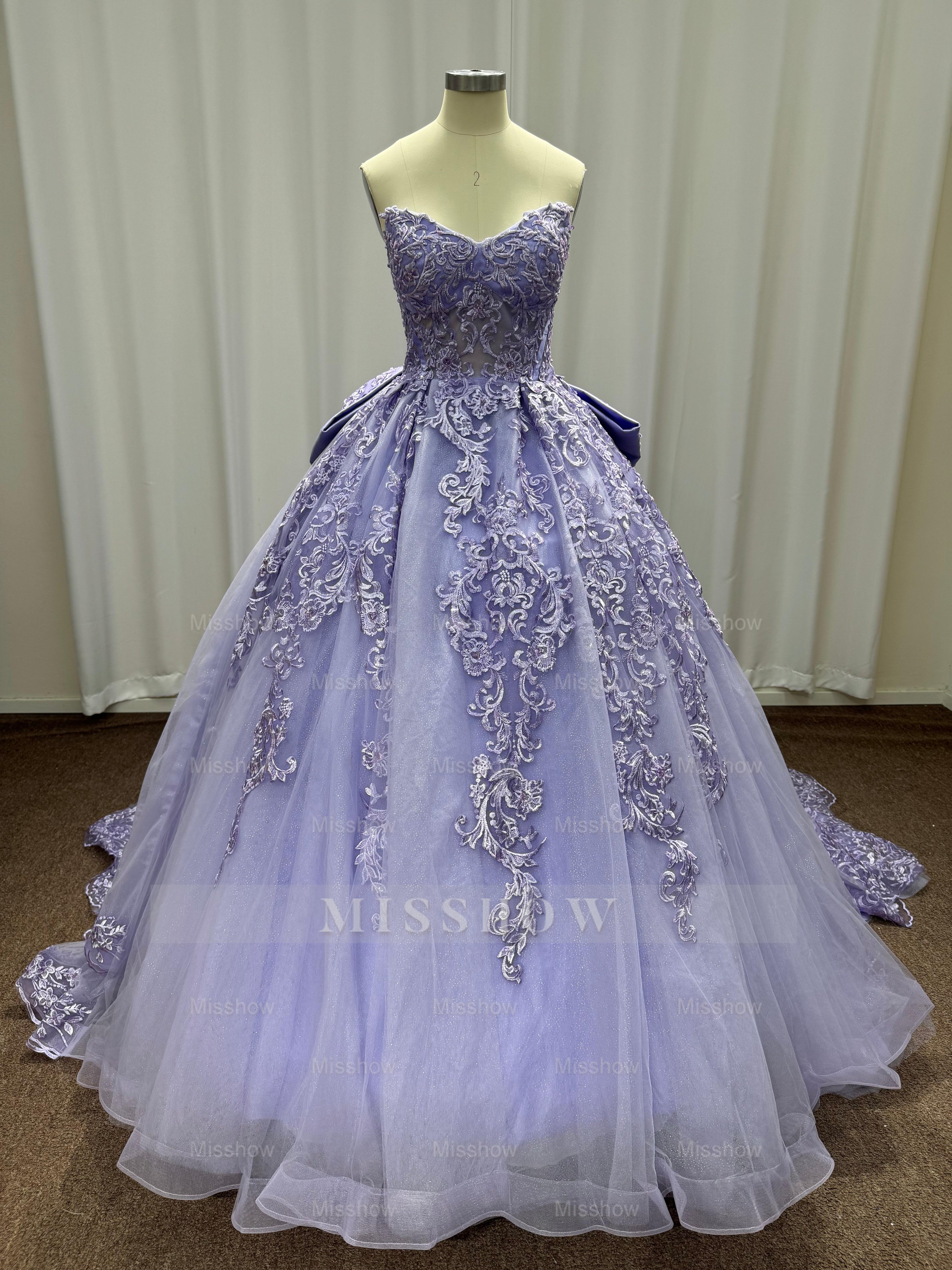 Exquisite Purple Strapless Lace Ball Gown Prom Dress with Appliques