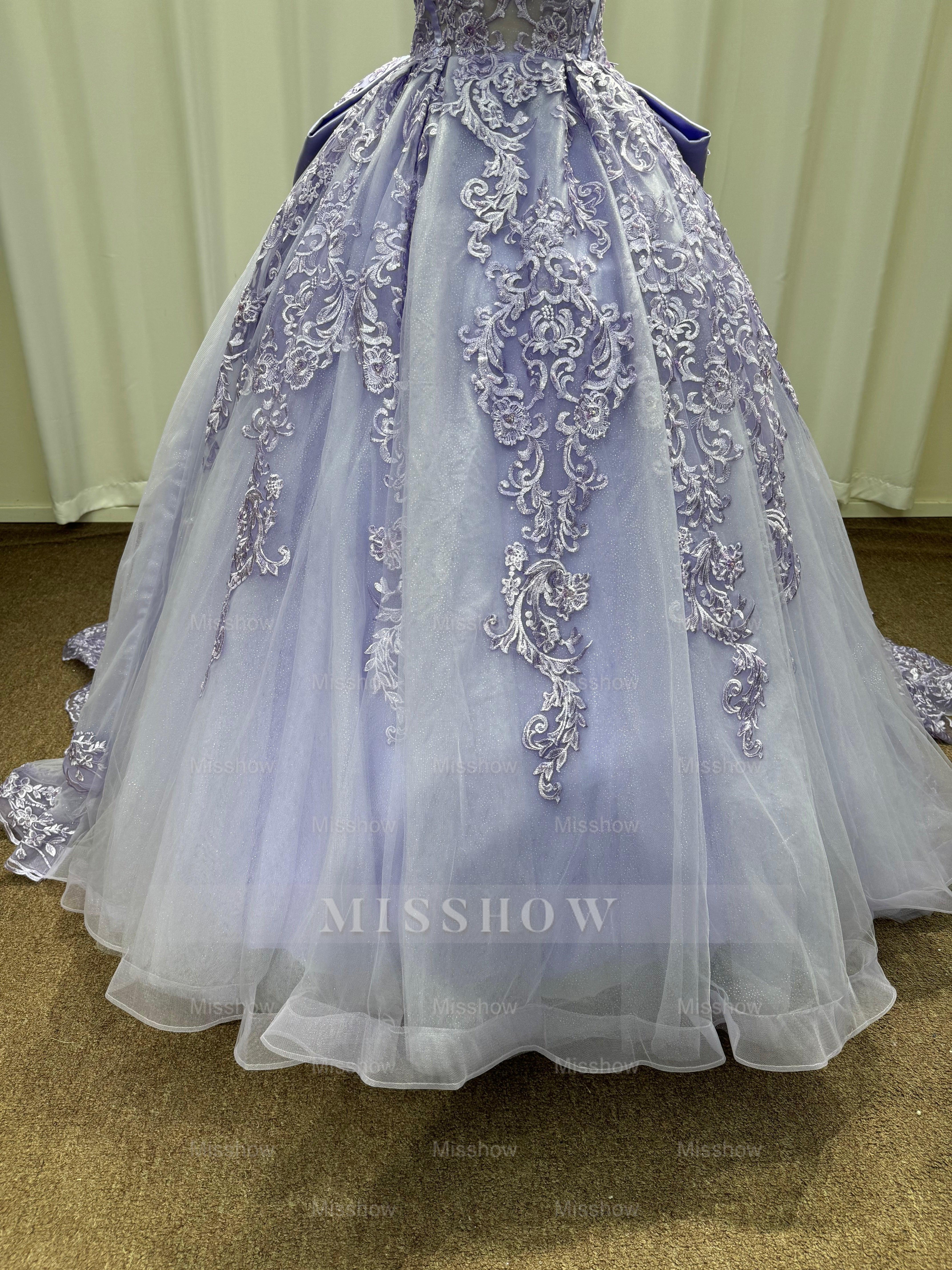 Exquisite Purple Strapless Lace Ball Gown Prom Dress with Appliques