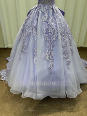 Exquisite Purple Strapless Lace Ball Gown Prom Dress with Appliques