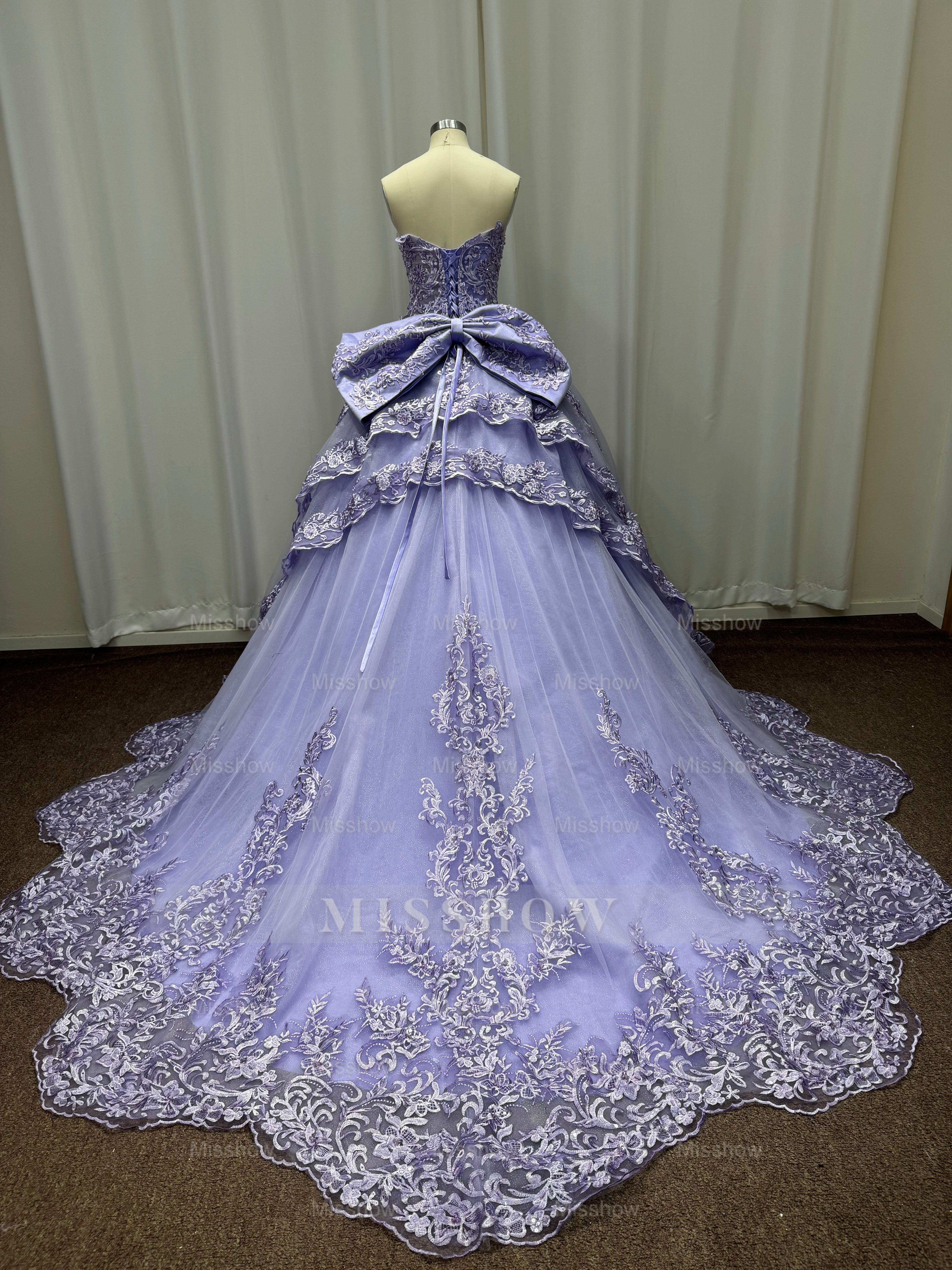 Exquisite Purple Strapless Lace Ball Gown Prom Dress with Appliques