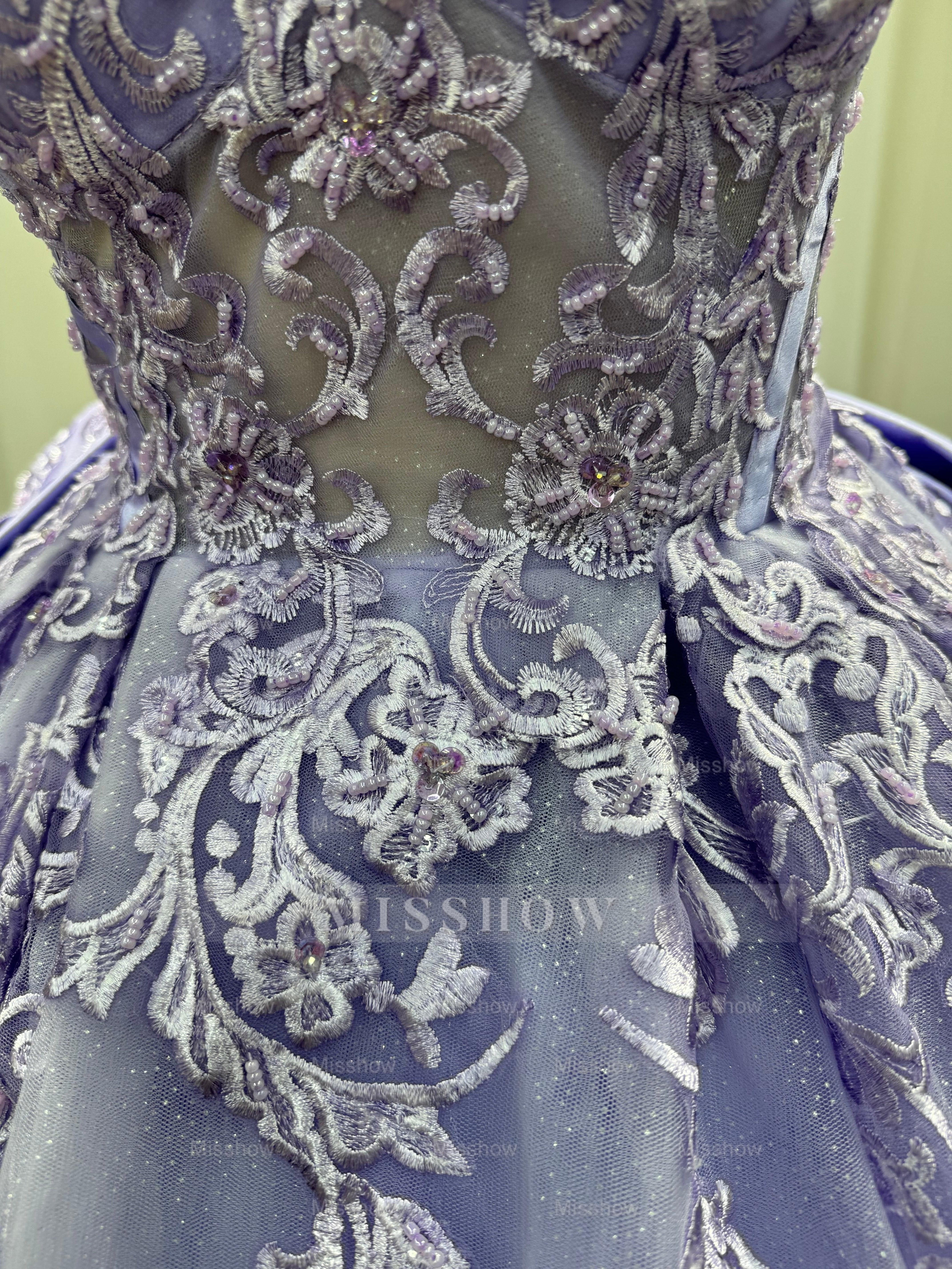 Exquisite Purple Strapless Lace Ball Gown Prom Dress with Appliques
