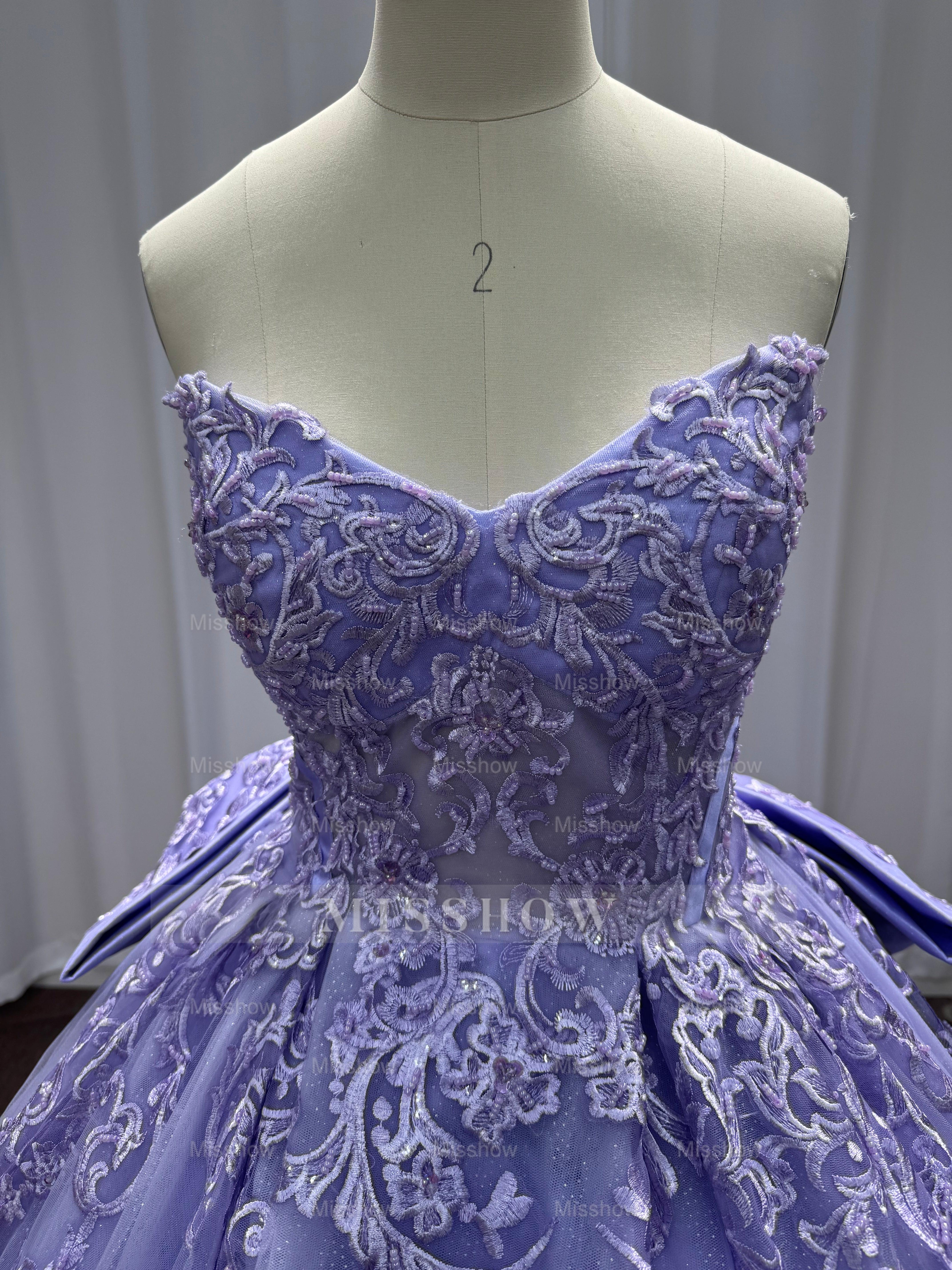 Exquisite Purple Strapless Lace Ball Gown Prom Dress with Appliques