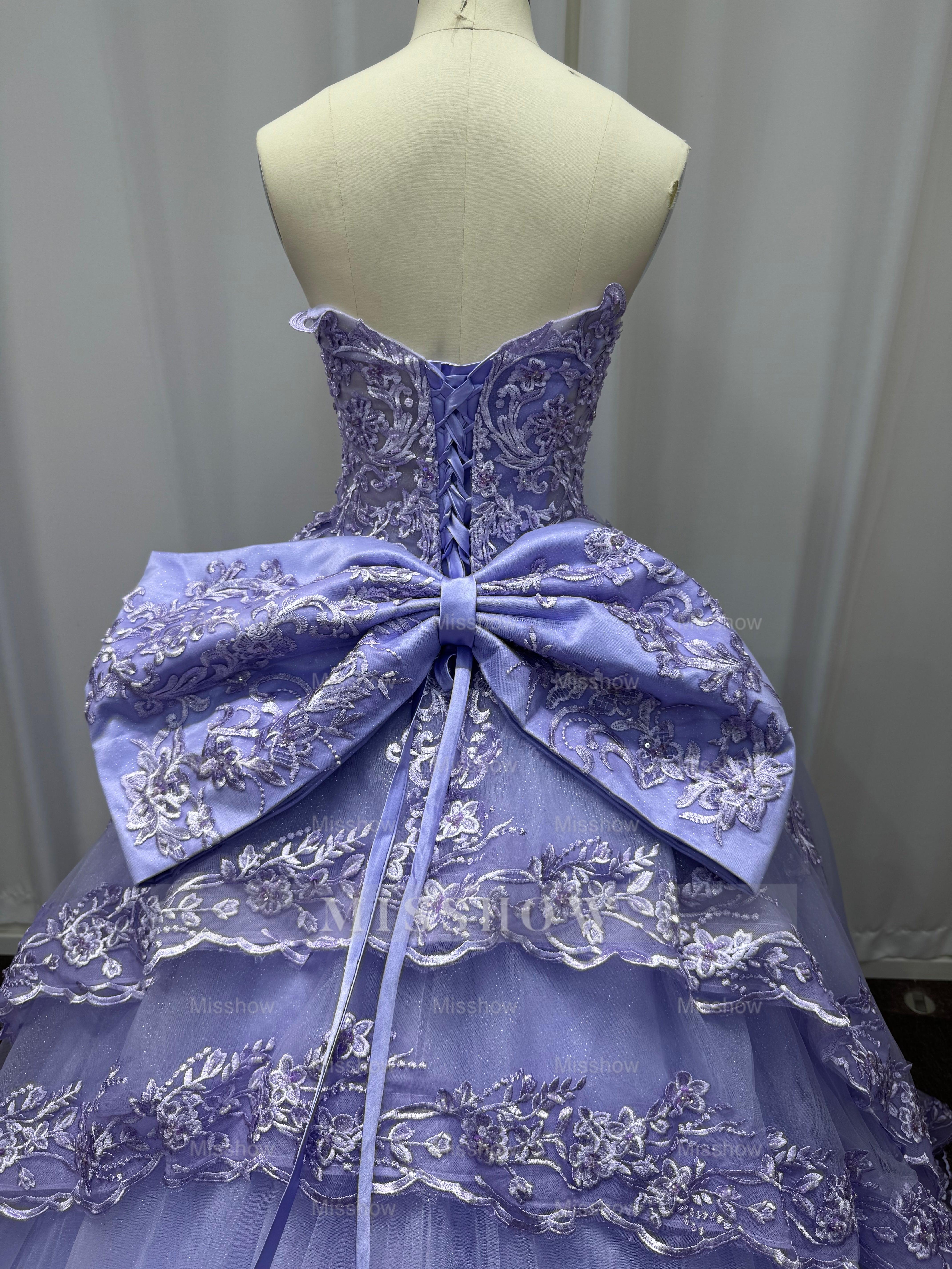 Exquisite Purple Strapless Lace Ball Gown Prom Dress with Appliques