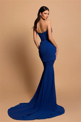 Exquisite Royal Blue Strapless Sleeveless Mermaid Long Formal Dress With Beading
