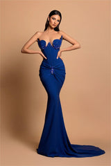 Exquisite Royal Blue Strapless Sleeveless Mermaid Long Formal Dress With Beading