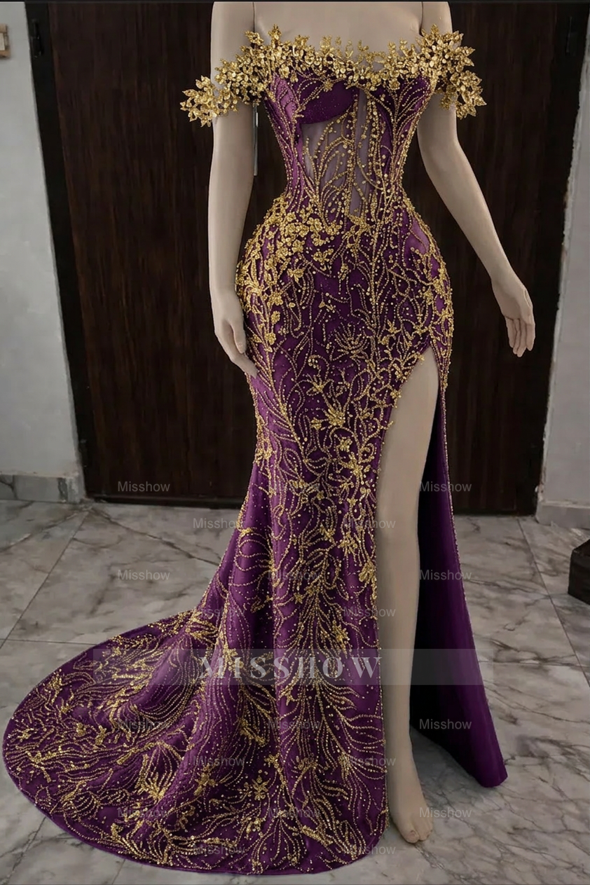 Exquisite Sky Blue Off-the-shoulder Beaded Lace Long Prom Dress with Slit