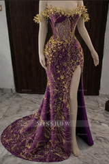 Exquisite Sky Blue Off-the-shoulder Beaded Lace Long Prom Dress with Slit