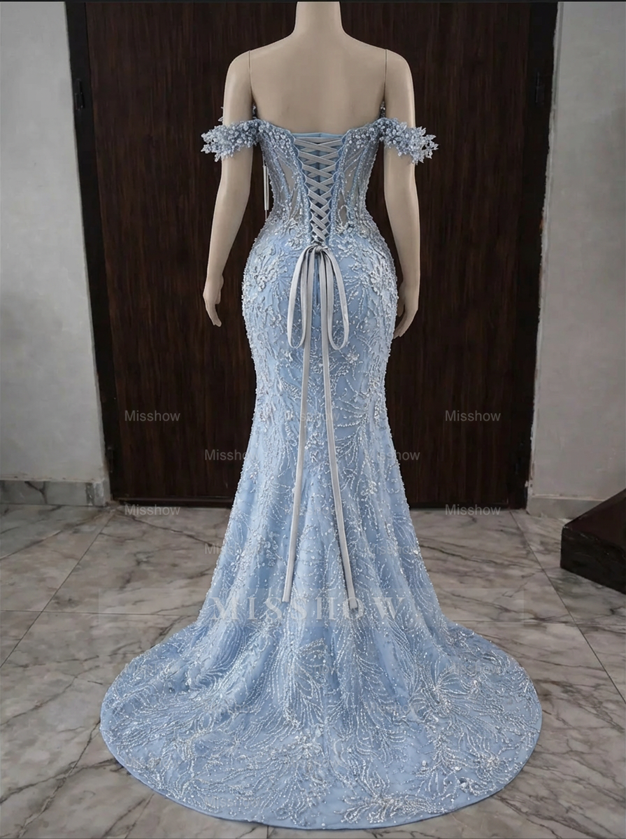 Sky blue off-the-shoulder split-front mermaid prom dress