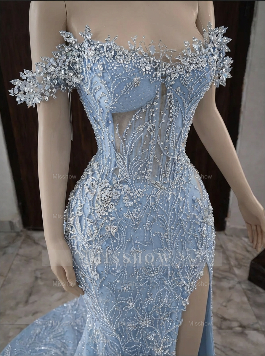 Sky blue off-the-shoulder split-front mermaid prom dress