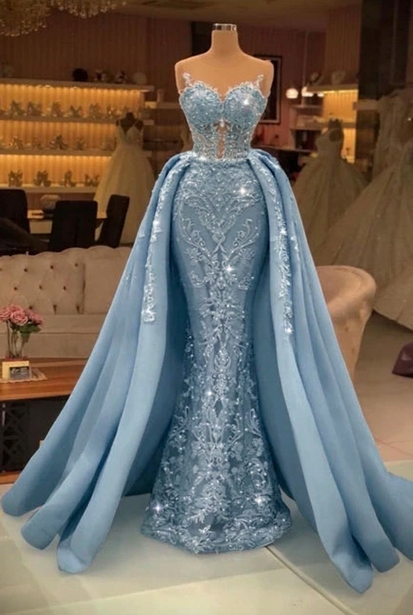 Dusty blue sweetheart pearl mermaid prom dress with detachable overskirt