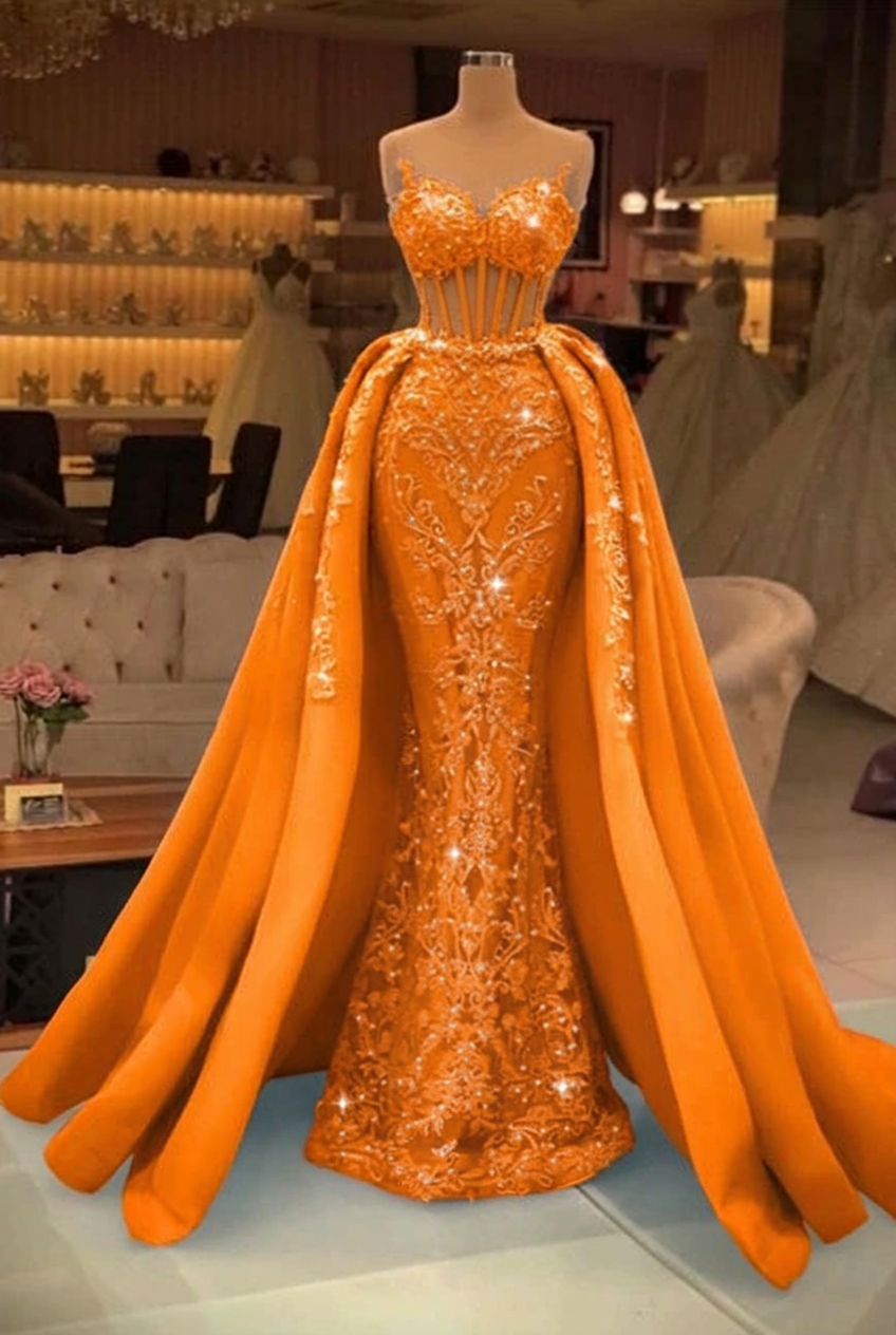 Orange sweetheart pearl mermaid prom dress with detachable overskirt