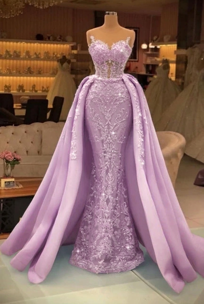 Lilac sweetheart pearl mermaid prom dress with detachable overskirt