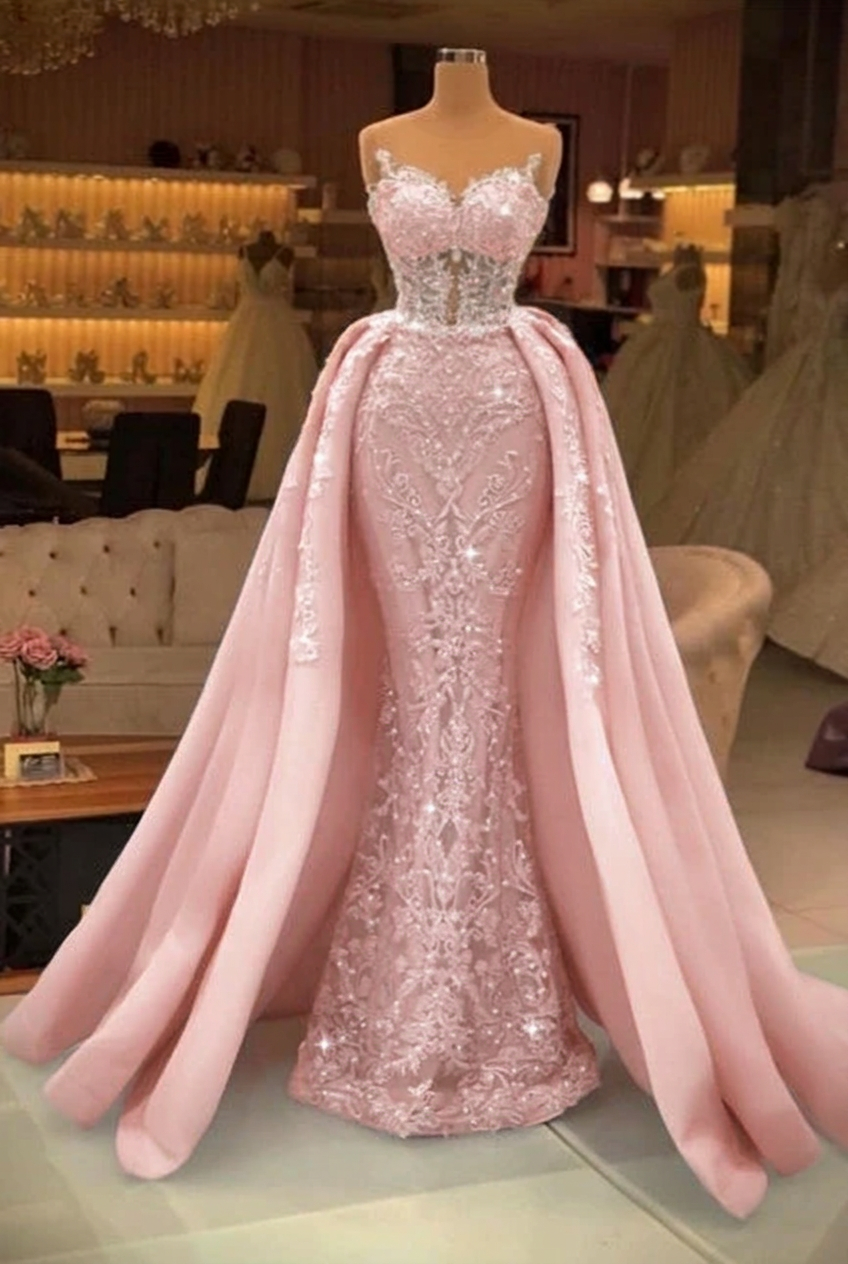 Blushing pink sweetheart pearl mermaid prom dress with detachable overskirt
