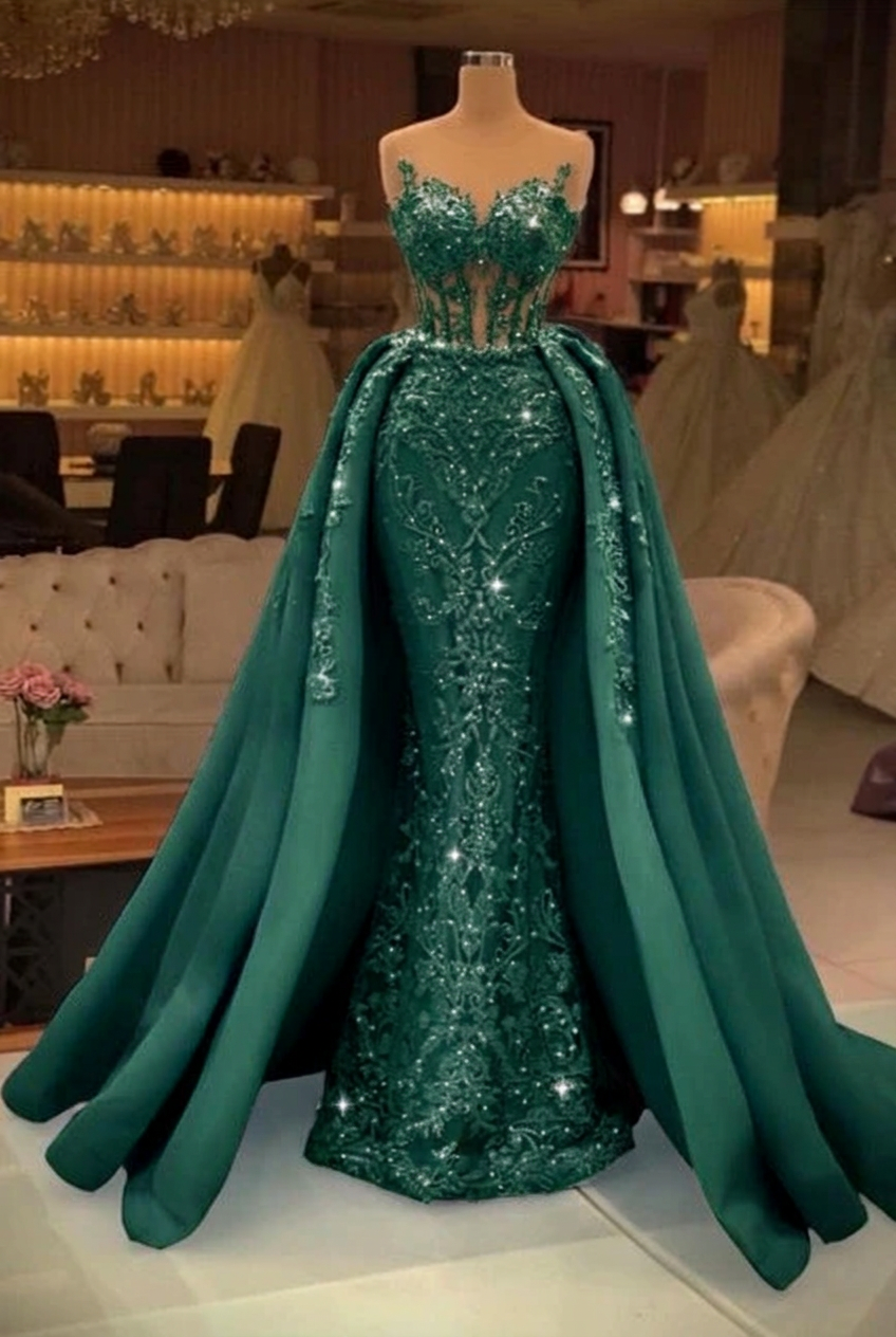 Dark green sweetheart pearl mermaid prom dress with detachable overskirt