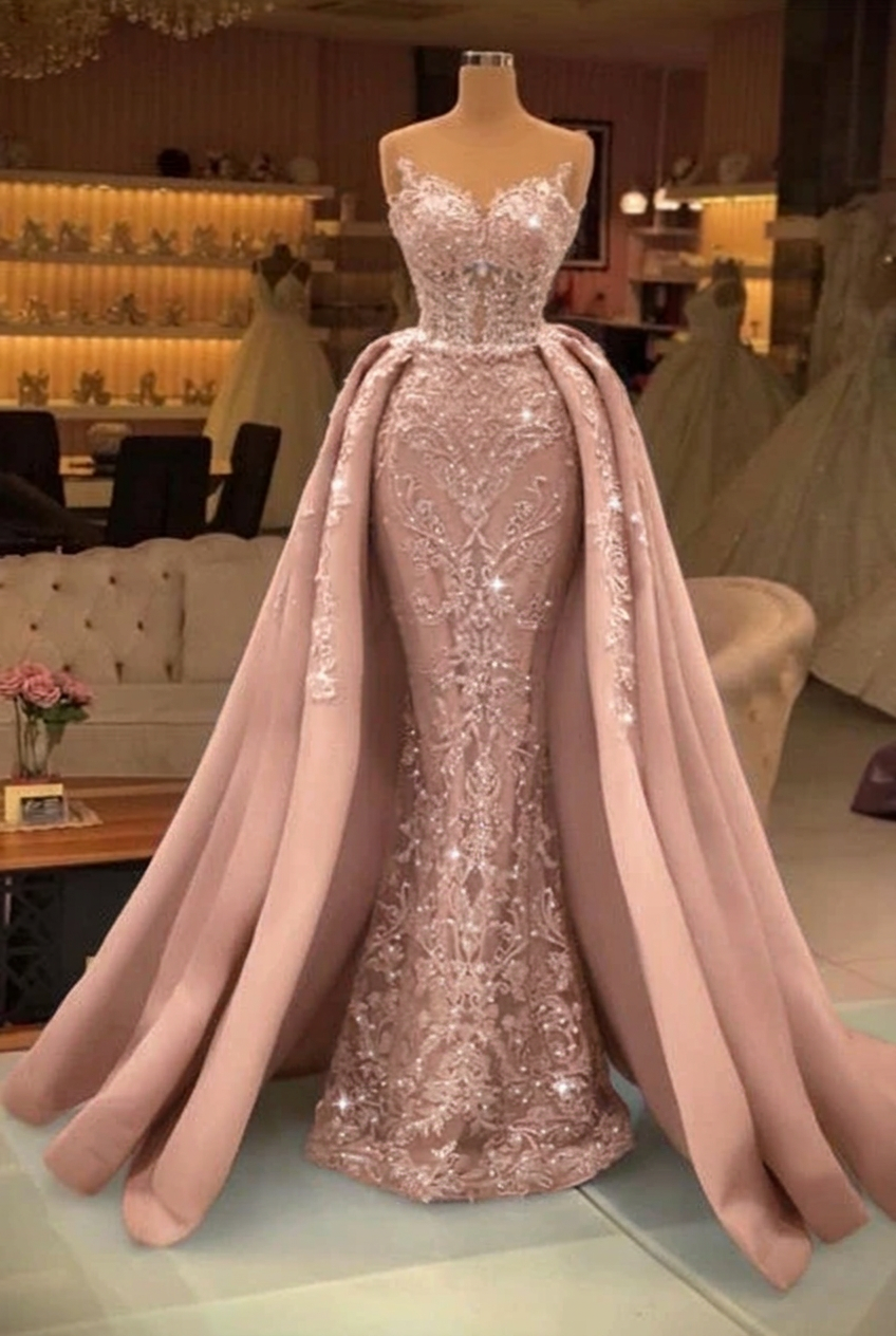 Dusty rose sweetheart pearl mermaid prom dress with detachable overskirt
