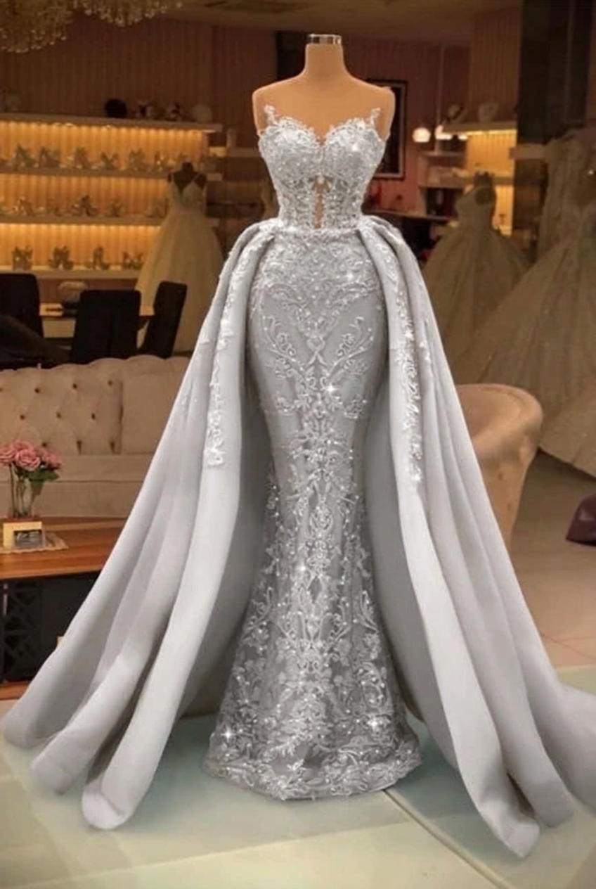 Silver sweetheart pearl mermaid prom dress with detachable overskirt