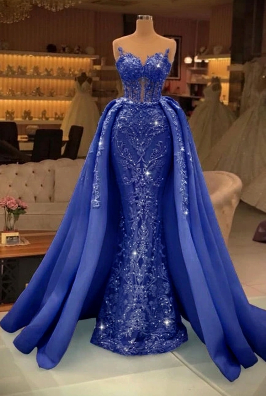 Royal blue sweetheart pearl mermaid prom dress with detachable overskirt