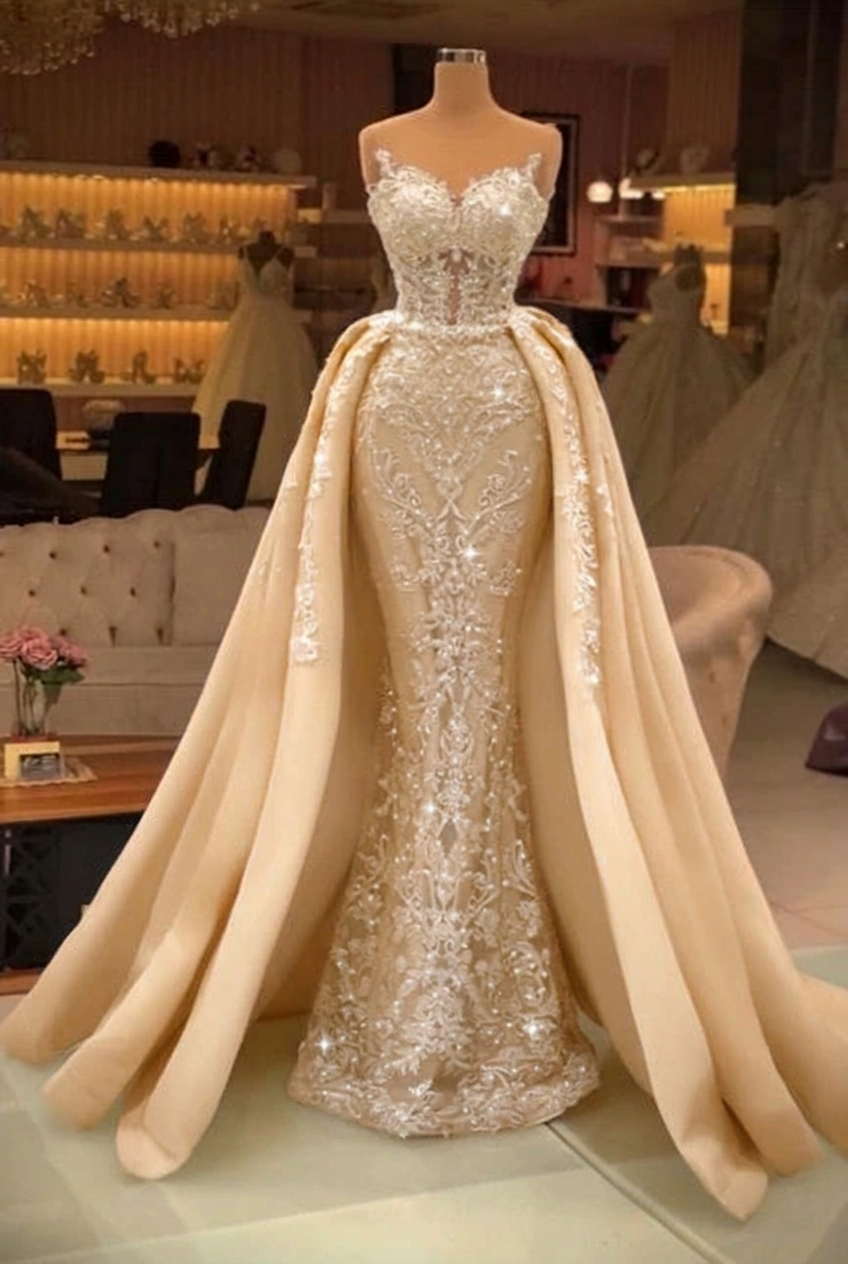 Champagne sweetheart pearl mermaid prom dress with detachable overskirt