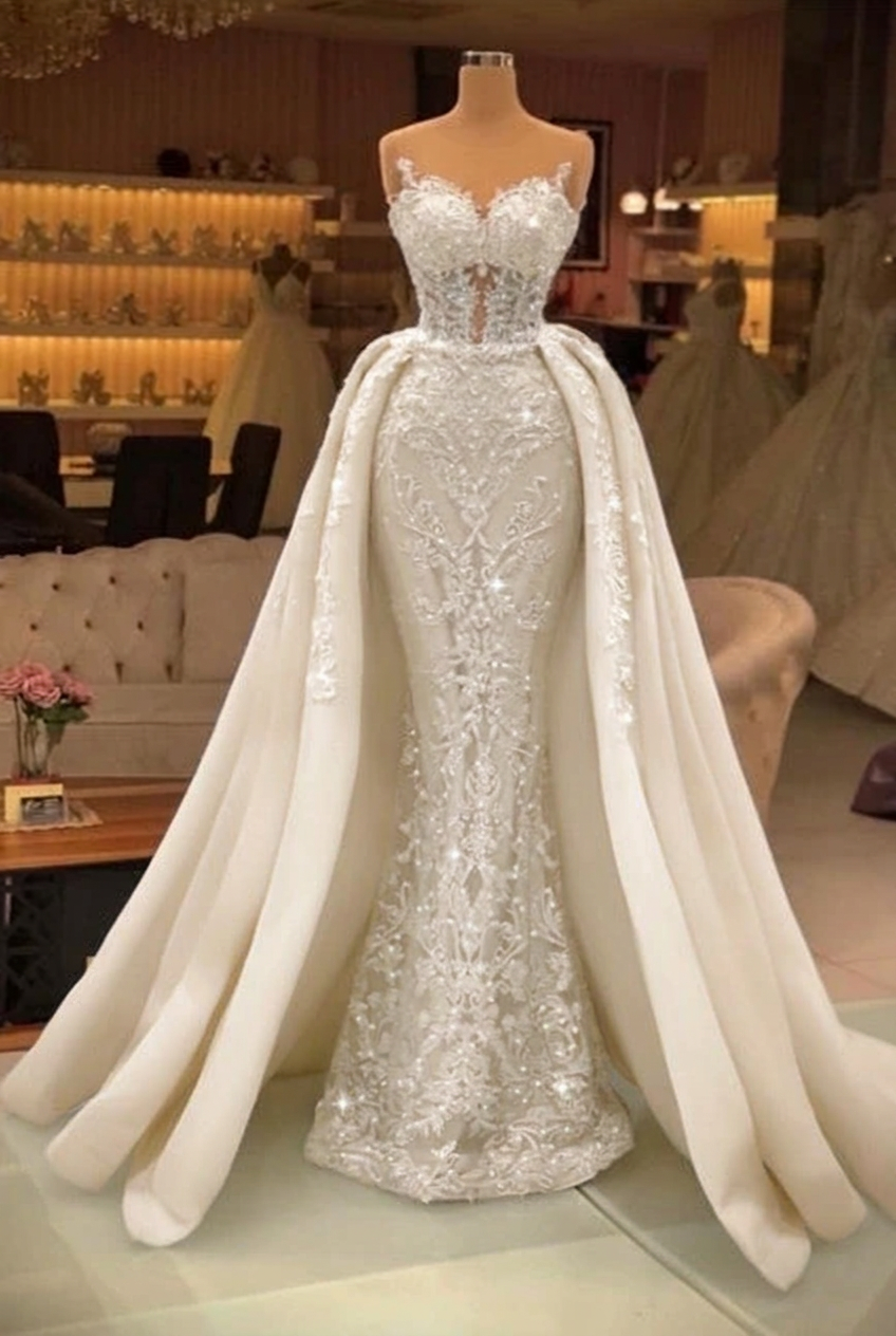 Ivory sweetheart pearl mermaid prom dress with detachable overskirt