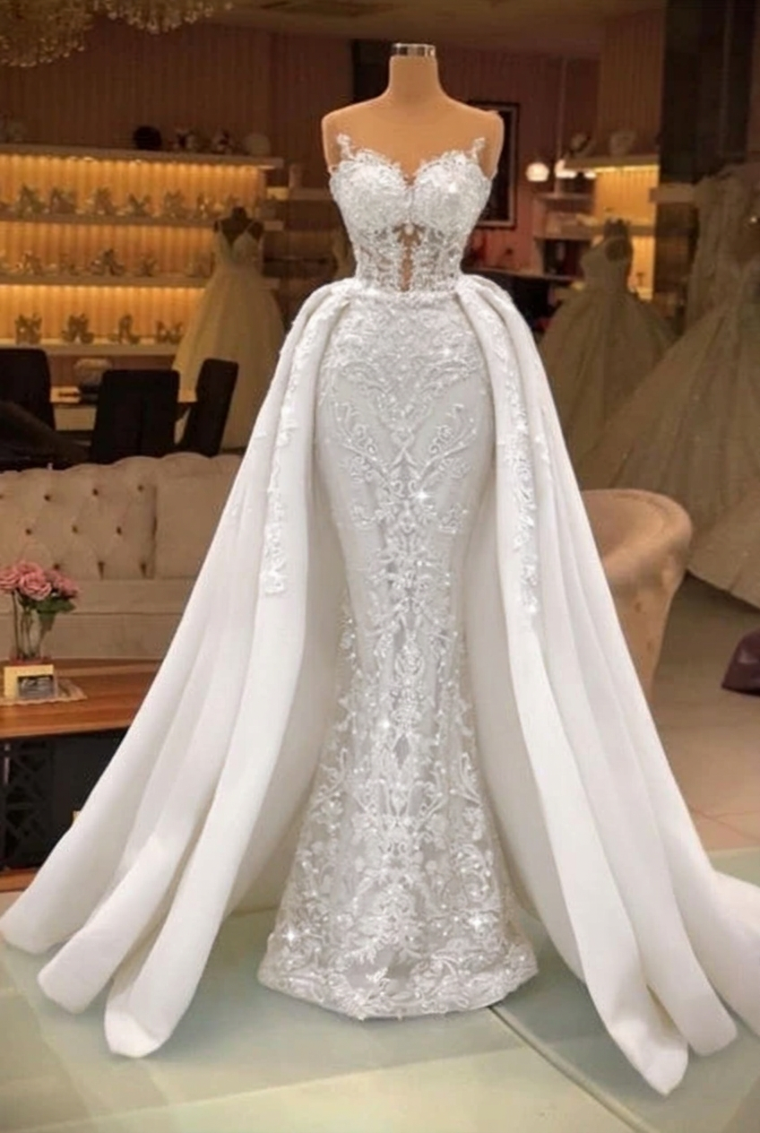White sweetheart pearl mermaid prom dress with detachable overskirt