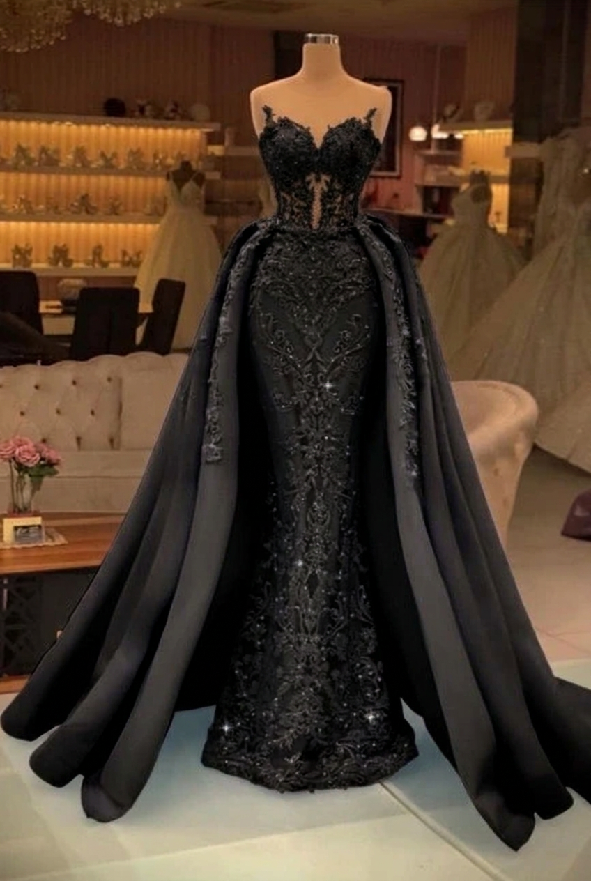 Black sweetheart pearl mermaid prom dress with detachable overskirt